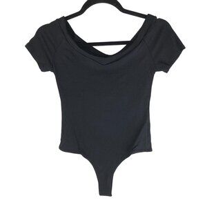 Lulus Sandpiper Black Ribbed Off-the-Shoulder Bodysuit Short Sleeve Stretch M